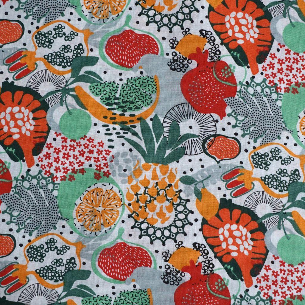 Preview: Baumwollstoff Motivdruck Obst Gemüse orange grün grau